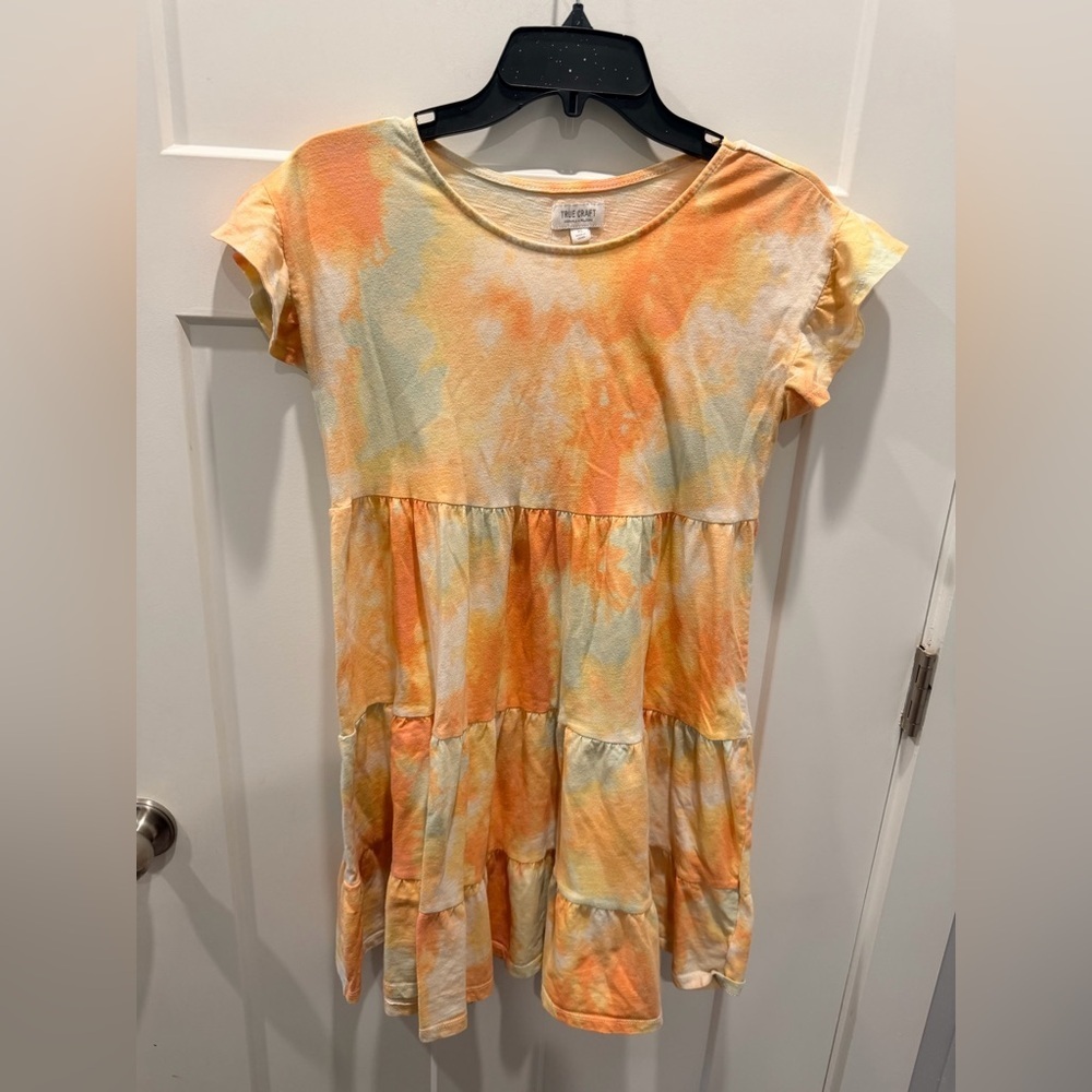 True Craft XS Tie Dye Babydoll Dress Orange Peach Tiered Casual